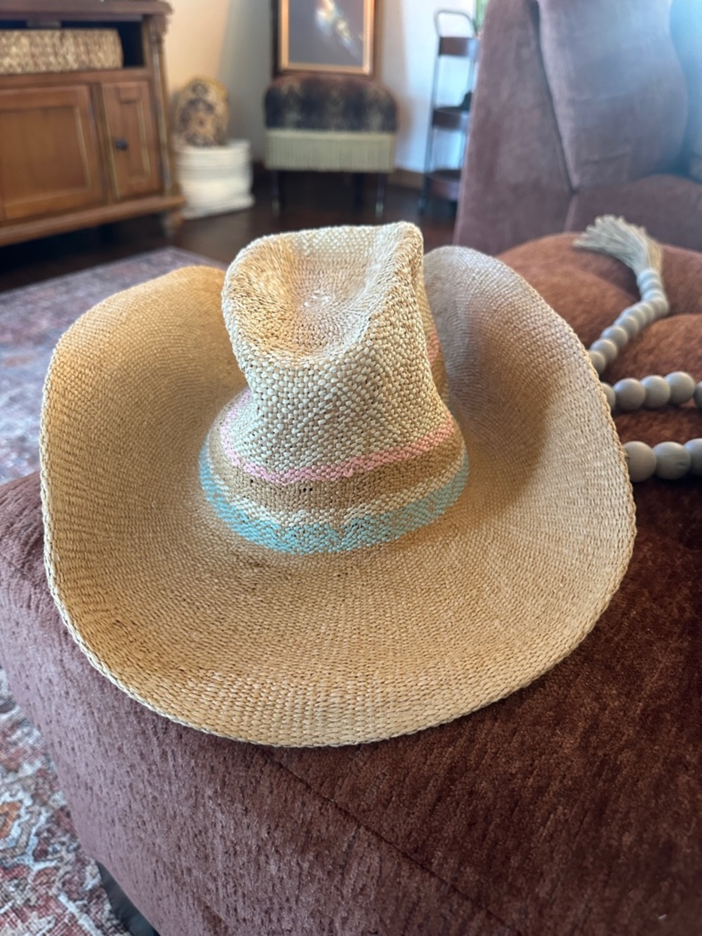 Universal Thread Woven Straw Cowboy Hat with Pink and Blue Accent